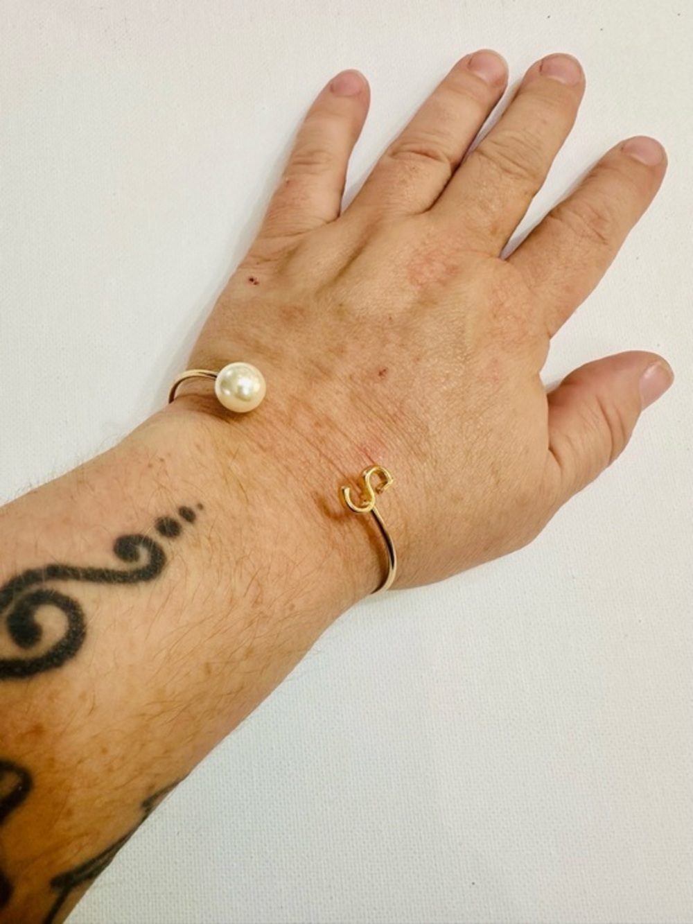 Gold Tone Initial S Pearl Open Cuff Bracelet